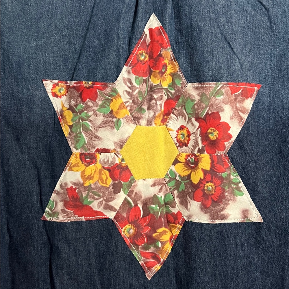 Handmade upcycled denim button down medium shirt with scrap design - Picture 2 of 3